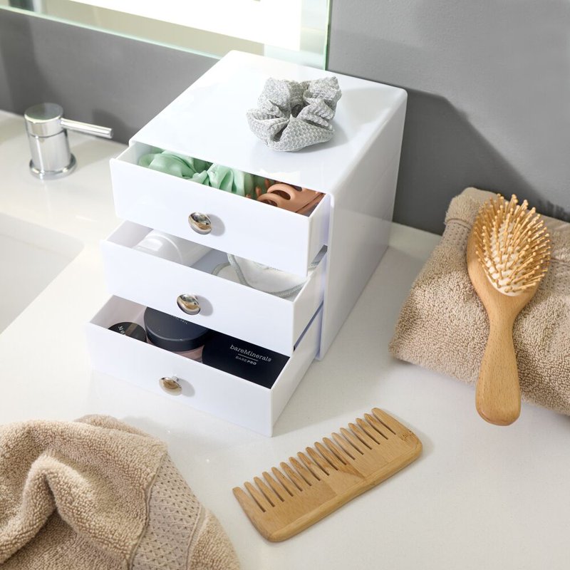 iDesign White Plastic 3-Drawer Vanity Organizer - 6.5 x 6.5 x 6.5 Inches