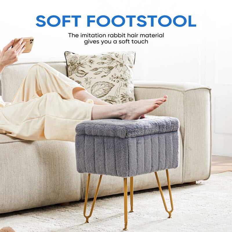 Ottoman Vanity Stool Chair with Storage - Modern Faux Fur Seat, Gray