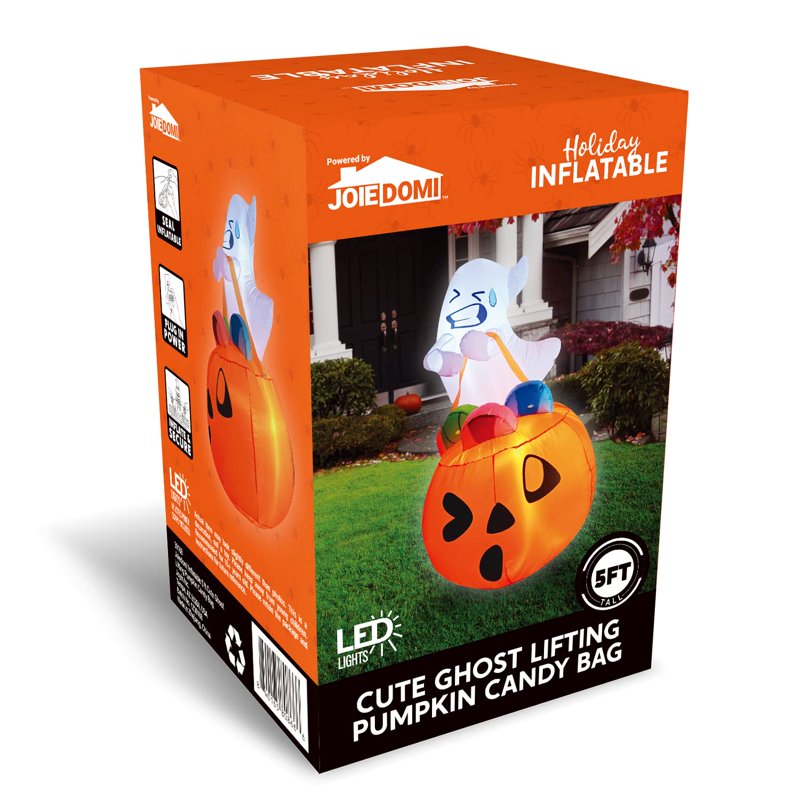 Joyfy 5ft Halloween Inflatable Ghost with Pumpkin & LED Lights - Yard Decor, Ghost Lift Pumpkin