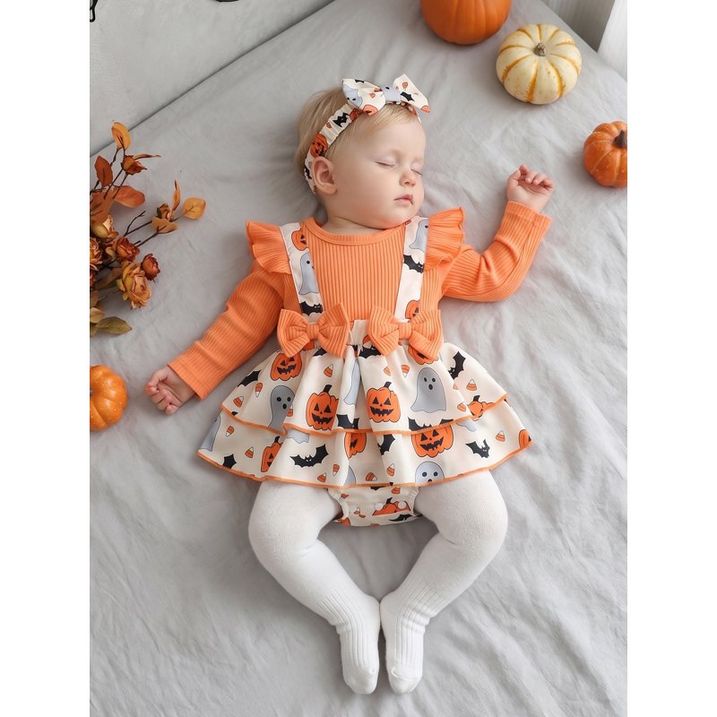 Baby Girl Halloween Bodysuit Set - Pumpkin Ghost Print with Headband, 6-12 Months