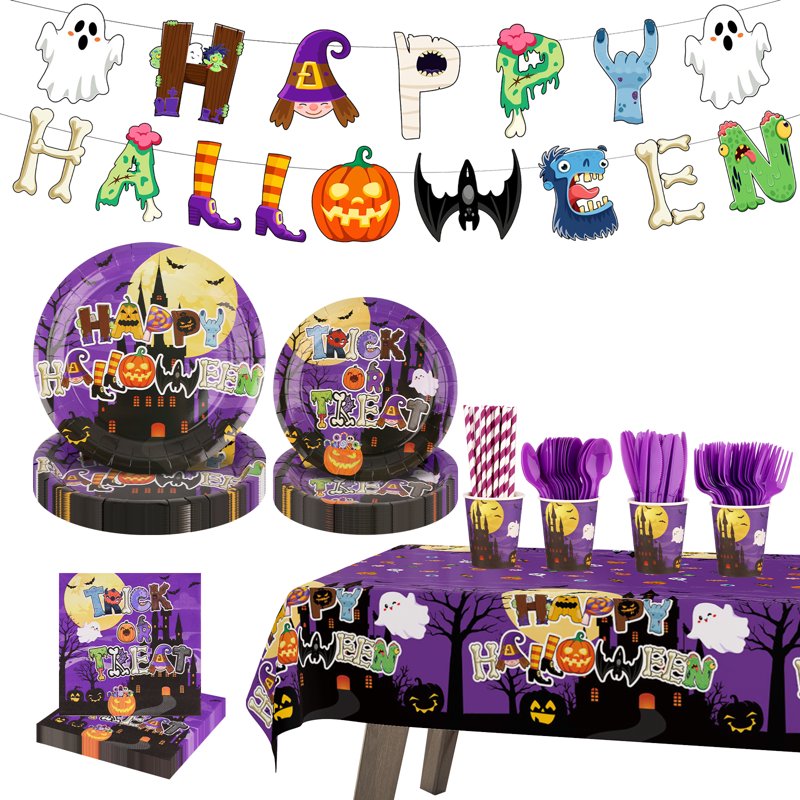 Halloween Party Supplies 24-Piece Disposable Set with Plates Cups Banner & Tablecloth