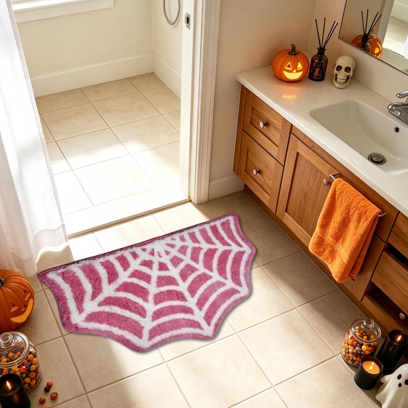 Halloween Spider Web Bathroom Rug - Non-Slip Plush Floor Mat, E Variation