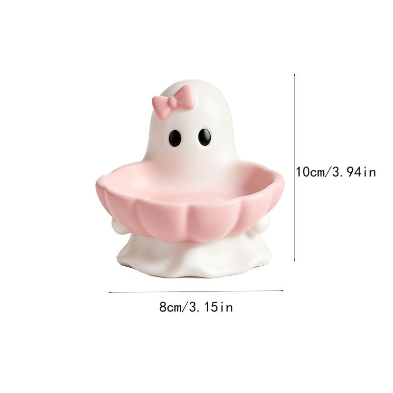 Pink Halloween Ghost Candy Bowl Figurine with Bow & Scalloped Holder