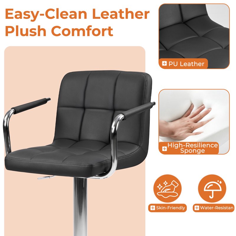 Swivel Bar Stools Set of 2 - Black PU Leather with High Back