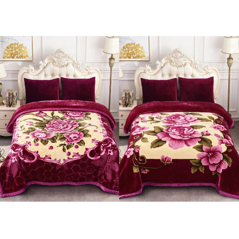 Heavy 10lbs Reversible King Size Plush Blanket - Warm Microfiber Bed Cover - Purple Flower AB Variation