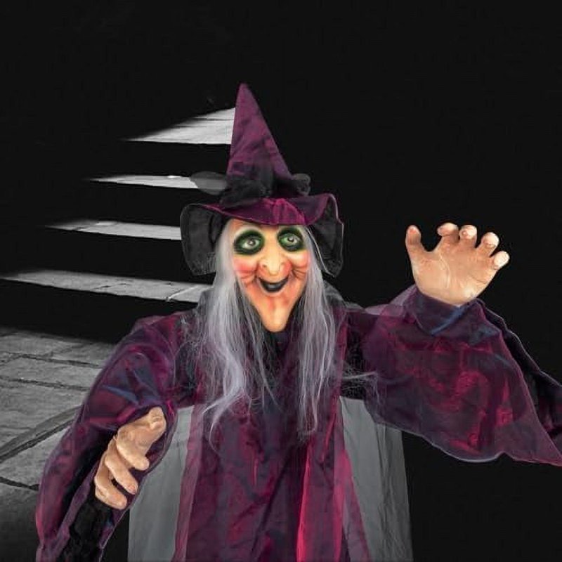 Life Size Talking Halloween Witch Decor with Red Lighted Eyes - Outdoor Haunted House Animatronic 5.9FT