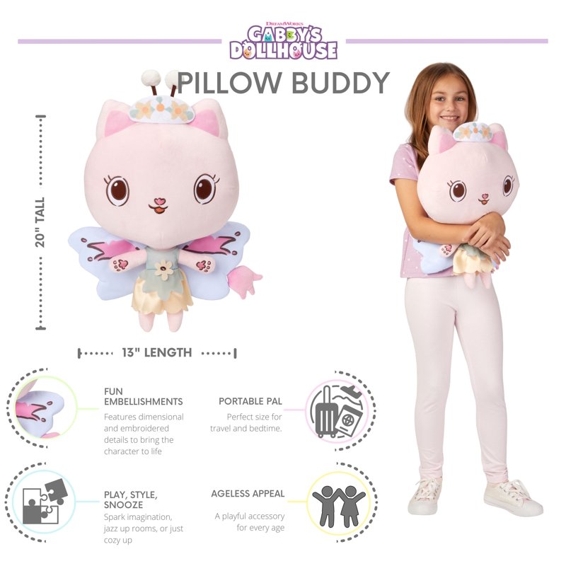 Kids Plush Fairy Pillow Buddy - Gabby's Dollhouse Kitty Fairy 13 Inch