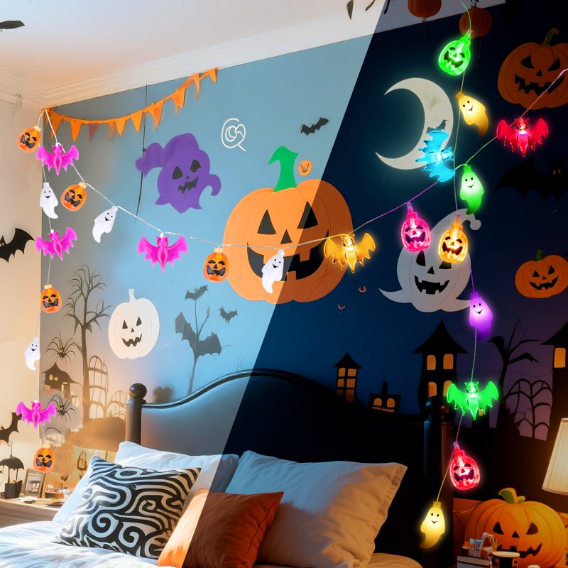 Outdoor Indoor Halloween String Lights with 30 LED 3D Pumpkin Bat Ghost Waterproof 8 Modes