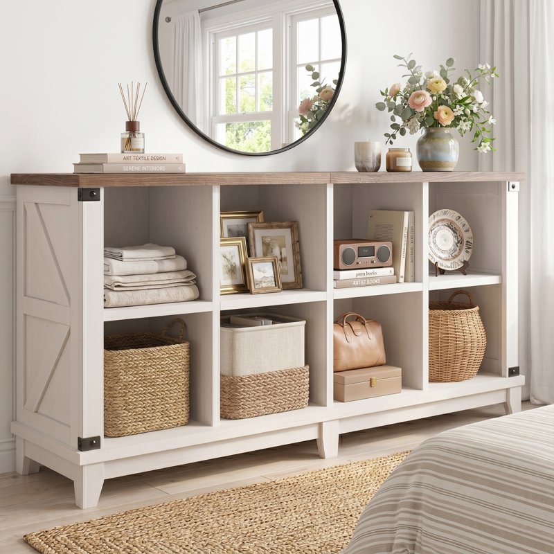 8-Cube Storage Organizer with 4 Bins - Farmhouse Wooden Bookshelf