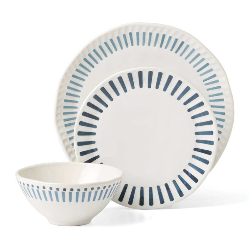 12-Piece White Stoneware Dinnerware Set - Artisanal Stripe
