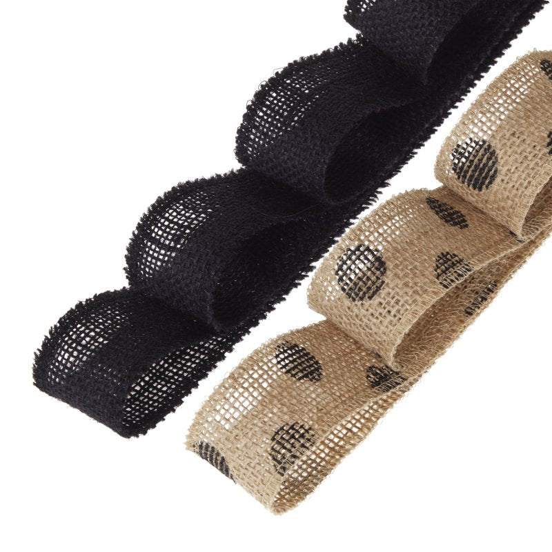 Natural Burlap Ribbon Set - 1.5W x 3Yds with Black Dots, Rustic Craft Trim