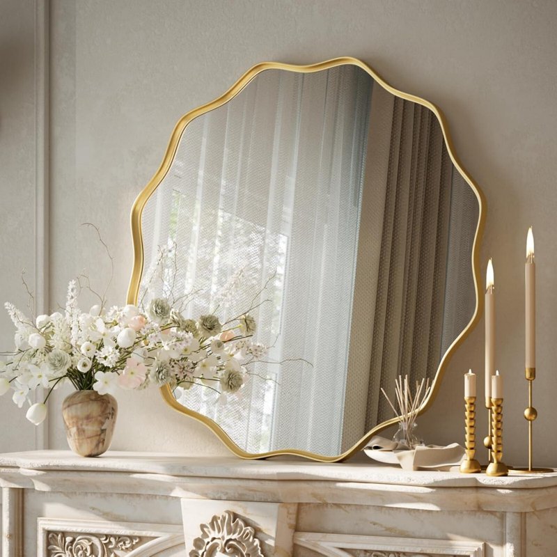 24-Inch Gold Wavy Round Bathroom Mirror Wall Mounted Vanity Mirror