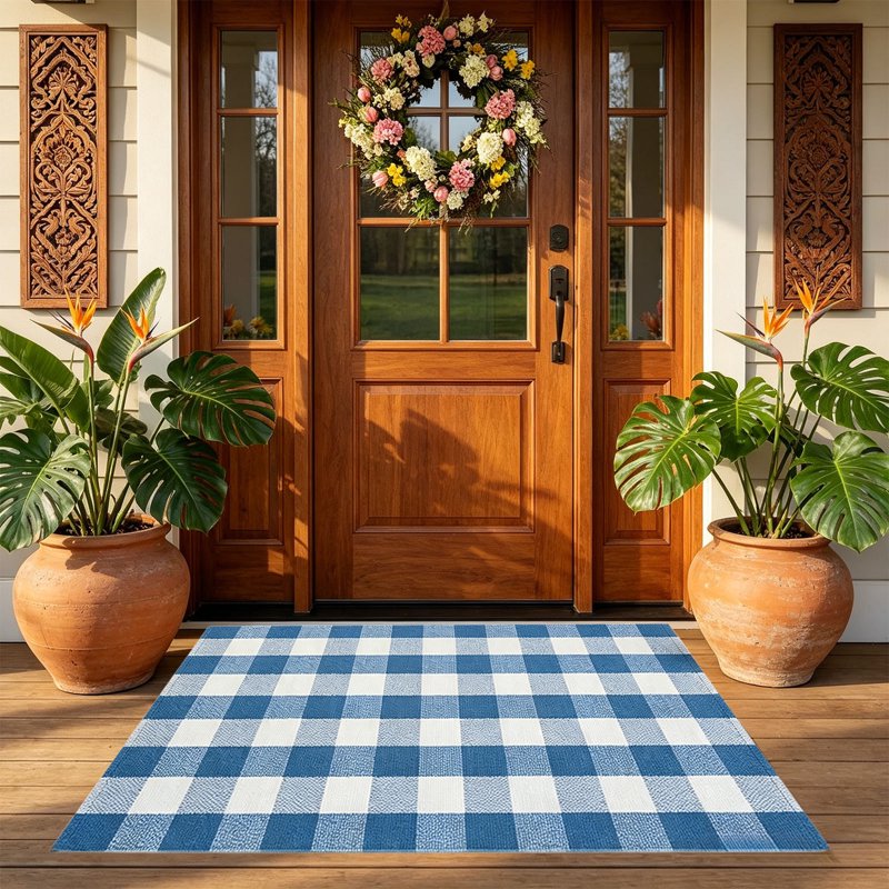 Large Thanksgiving Plaid Doormat - Blue Layered Entry Rug, Washable 19.6x31.5in