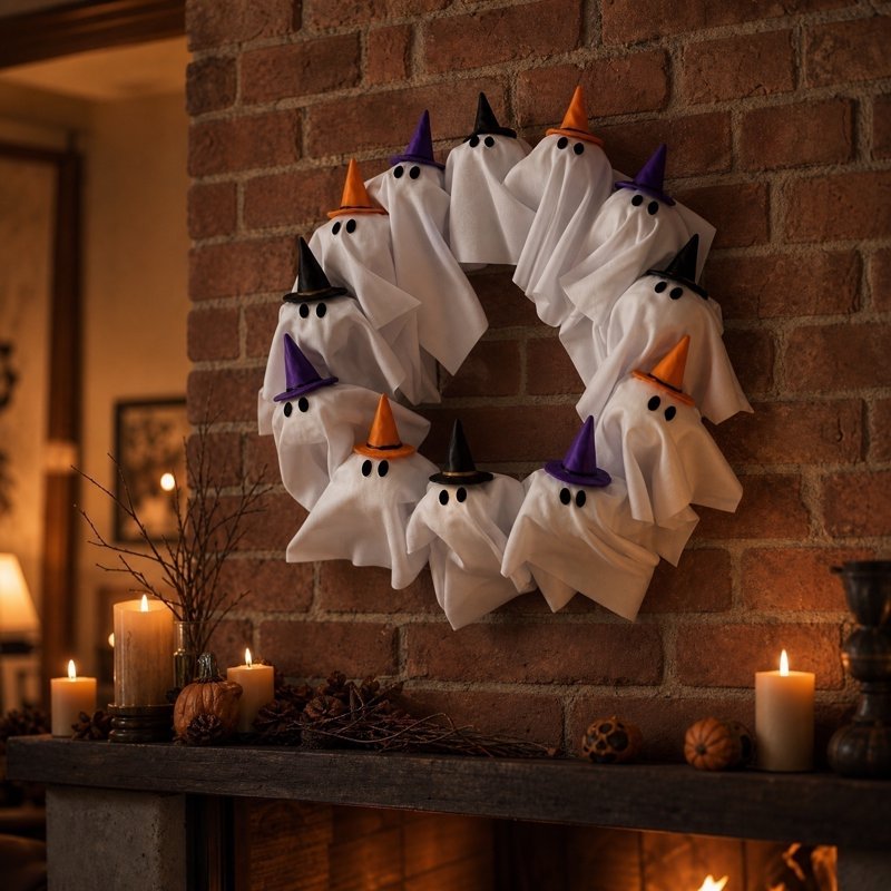 15.7-inch LED Light-Up Ghost Wreath with Witch Hats for Halloween Front Door Decor
