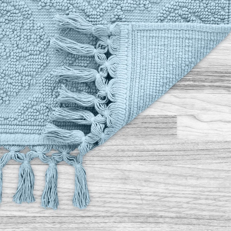 Cotton Fringe Bath Rug Set - Light Blue, 17 x 24 & 21 x 34 Inches - Bohemian Style