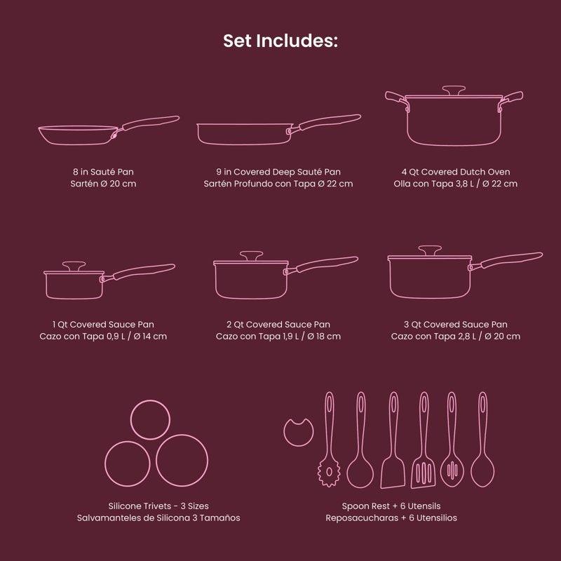 20-Piece Ceramic Nonstick Cookware Set - Wine Color