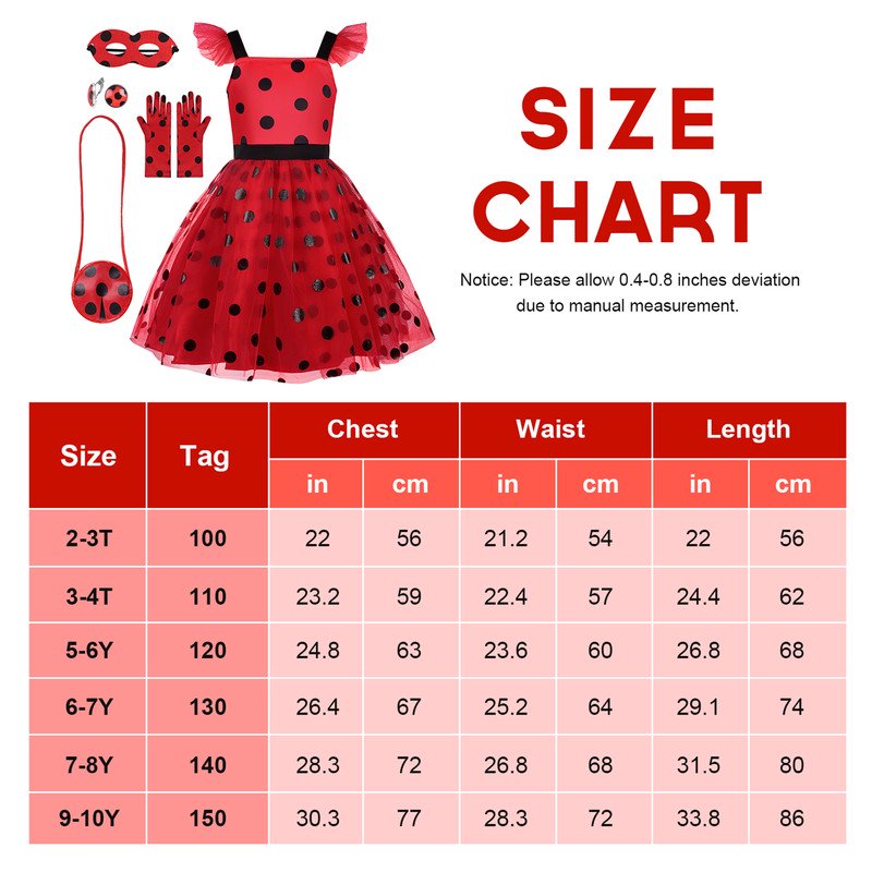 Girls Ladybug Costume Dress for Kids - Red 9-10 Years with Accessories
