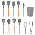 11-Piece Silicone Cooking Utensil Set with Wooden Handles - Grey