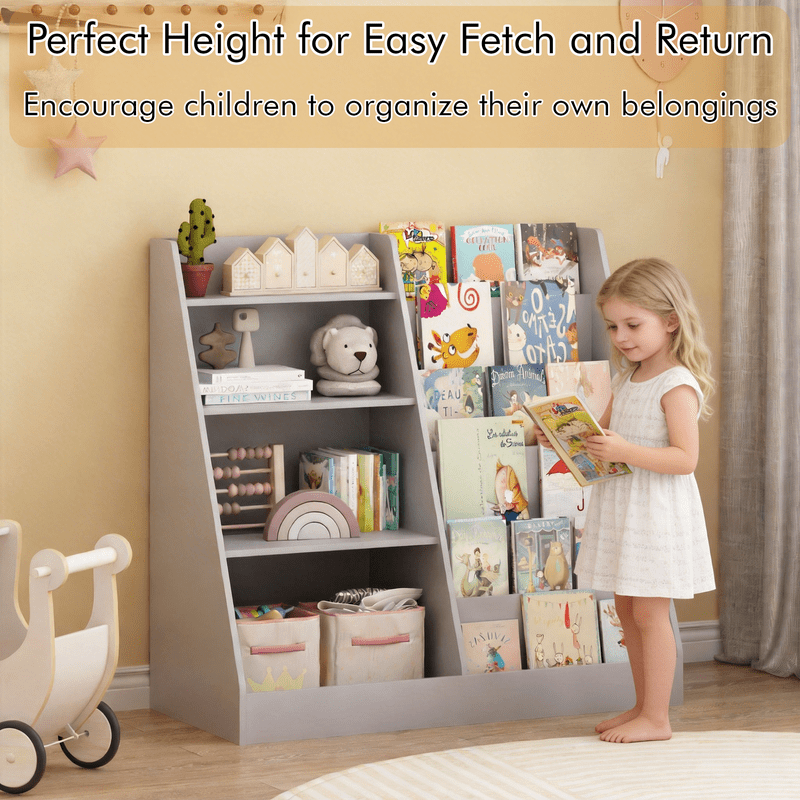 4-Tier Children's Bookshelf with Toy Storage - Gray