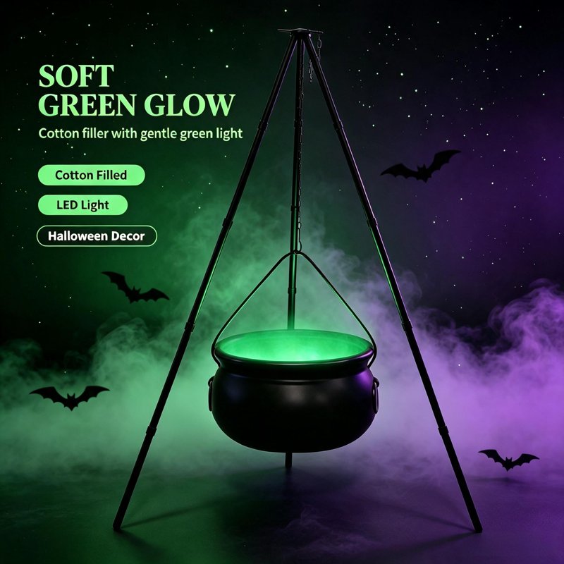 Halloween Outdoor Witch Cauldron with Tripod & Timer Lights - Black 51.1"