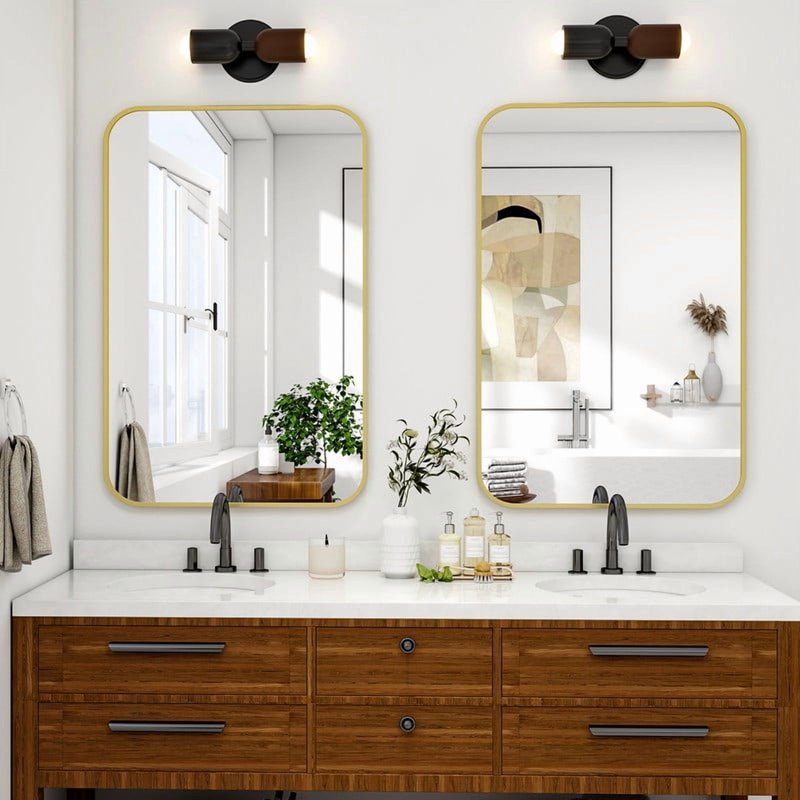 Bathroom Mirror 36x24 Inch Wall Mounted Rectangular Vanity Mirror with Rounded Corners - Gold - Easy4Home