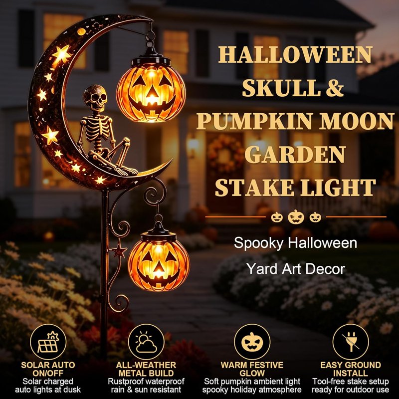 Solar Halloween Skull Garden Stake Light Waterproof Metal Yard Lantern - Black