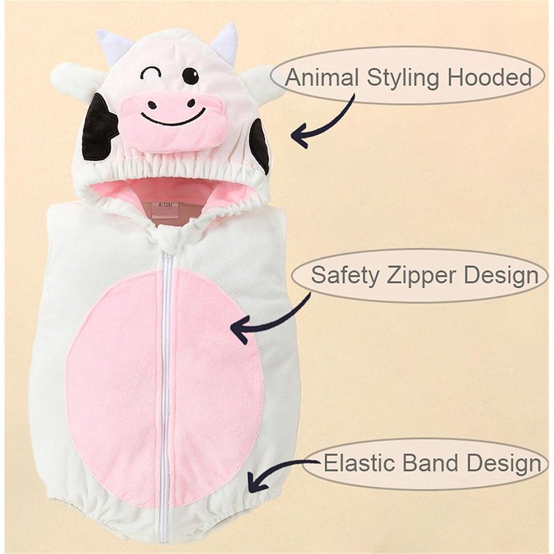 Baby Cow Costume 12-18 Months Halloween Cosplay Outfit - Hooded Romper for 0-24M