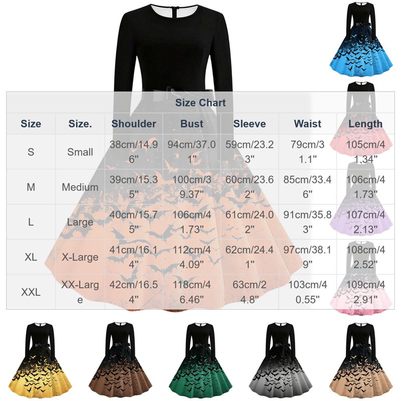 Women's Vintage Halloween Bat Print Swing Dress Sky Blue XL Retro Gothic 1950s Style