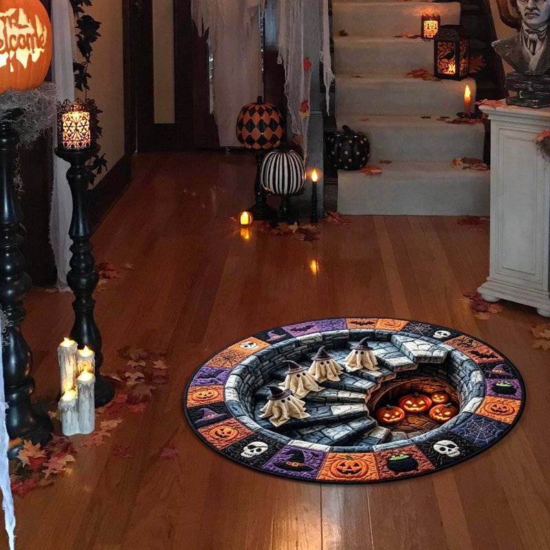 50cm Halloween Optical Illusion Round Rug with Ghosts and Pumpkins - Non Slip Doormat