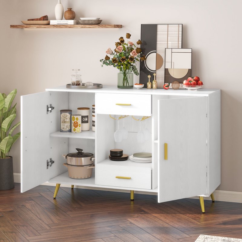 Storage Cabinet with Doors & Drawers - White Coffee Bar Cabinet