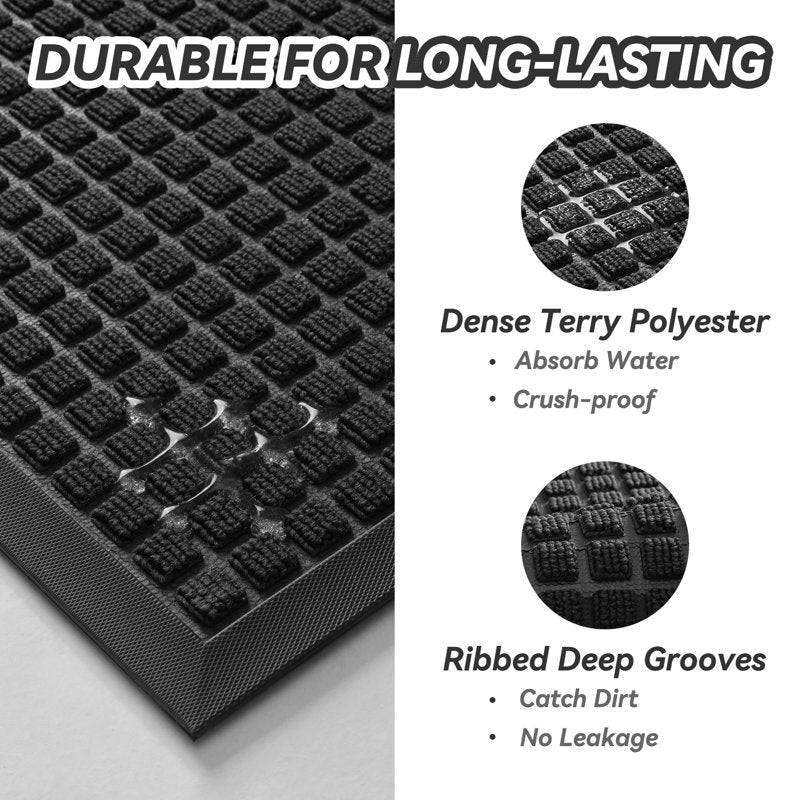 Outdoor Doormat Non Slip Rubber Welcome Mat 17x30 Checker Black - Dirt Trapper Entry Rug