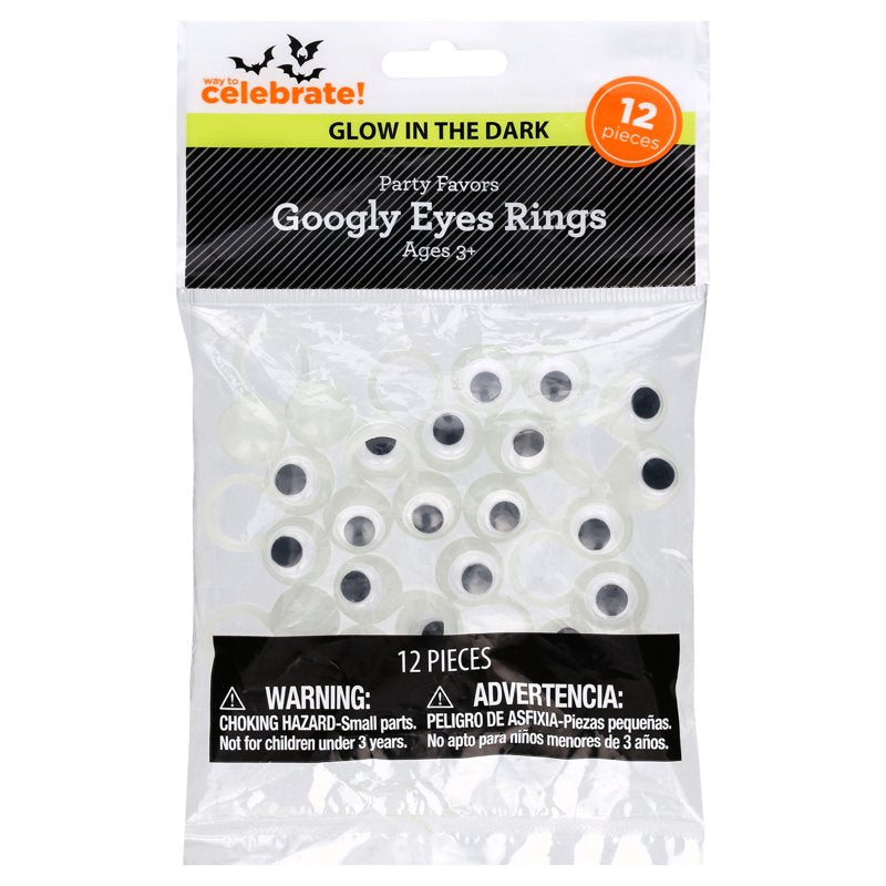 Glow-in-the-Dark Googly Eyes Rings Party Favors - Multicolor, 12 Pack