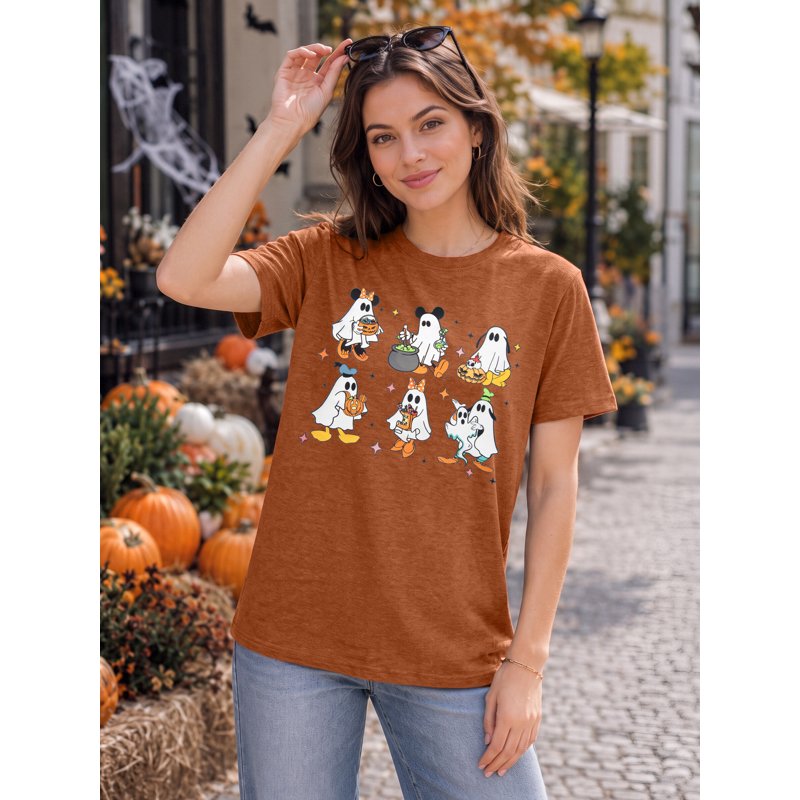 Women Halloween Pumpkin Ghost Graphic T-Shirt - Brown M