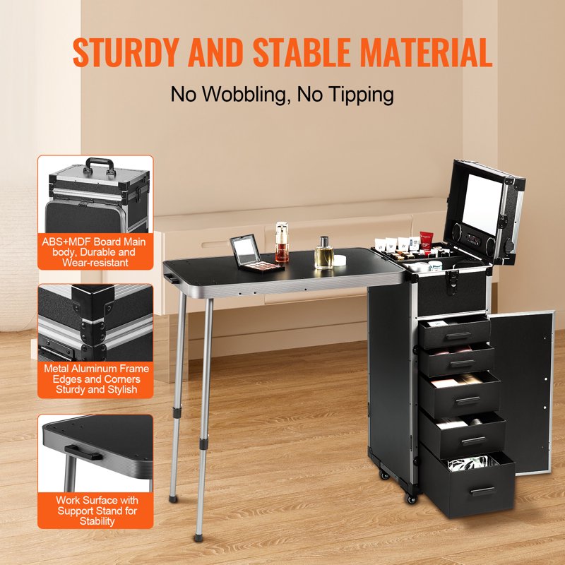 Professional Makeup Train Case with Foldable Workbench - Black