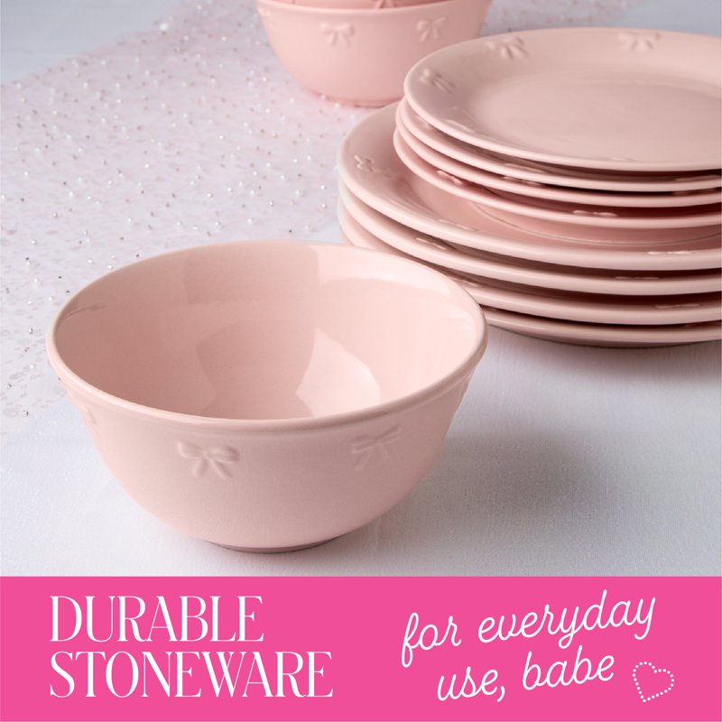 12-Piece Stoneware Dinnerware Set - Blush Pink with Bow Design