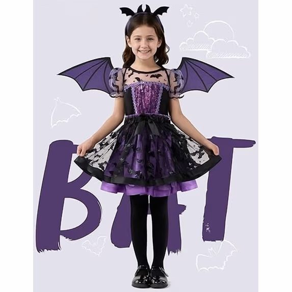 Toddler Girl Bat Costume with Wings & Headband - Purple Dress Up 5-6Y