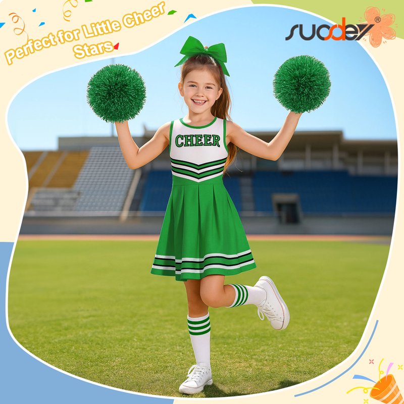 Girls Cheerleader Costume Set - Green, 9-10 Years, Cheerleading Uniform with Accessories