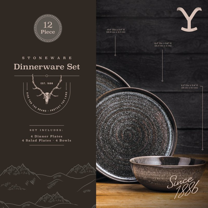 12-Piece Ceramic Dinnerware Set - Green & Brown - Black - Rip