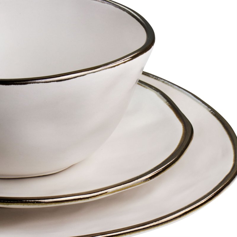 16 Piece Stoneware Dinnerware Set - Matte White with Gold Rim