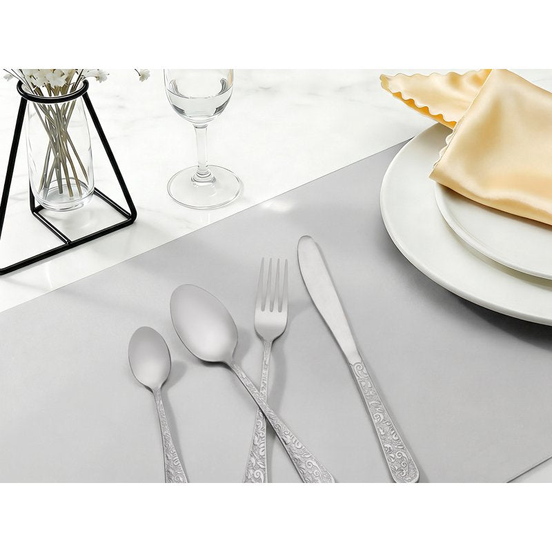 4 Piece Stainless Steel Floral Flatware Set - Silver