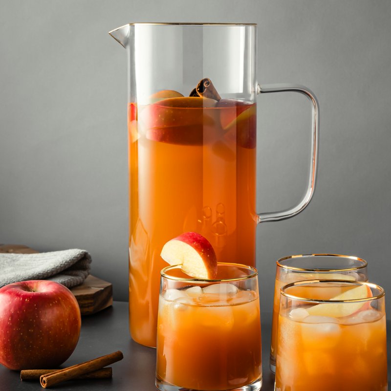 Harvest Pitcher and Drinking Glass Set - 5-Piece Gold Rim