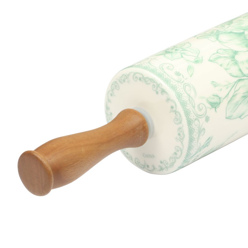 Ceramic Rolling Pin with Wood Handles - Green Floral Design