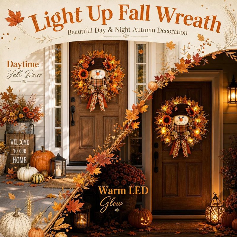 Lighted Fall Wreath for Front Door - Classic Style Harvest Decor with Sunflower & Maple Leaves