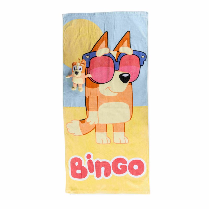 Kids Beach Towel Set with Cartoon Beach Buddy - 28x58in Cotton & 12in Polyester, Orange and Yellow