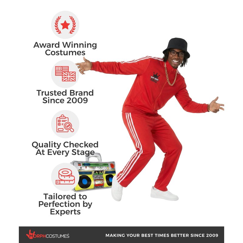 90s Hip Hop Rapper Costume with Tracksuit Hat Glasses Inflatable Boombox