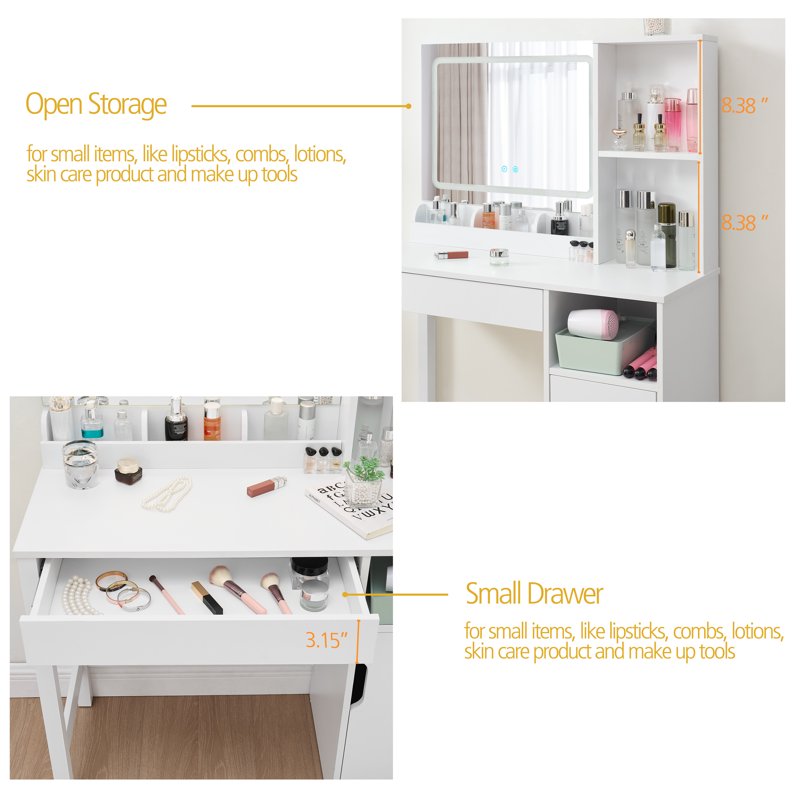 Lighted Vanity Table with Mirror and Storage - White Finish