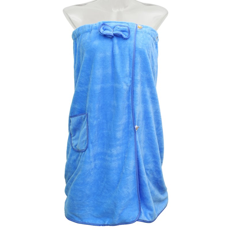 Women's Blue Bath Wrap Towel with Pocket & Adjustable Closure