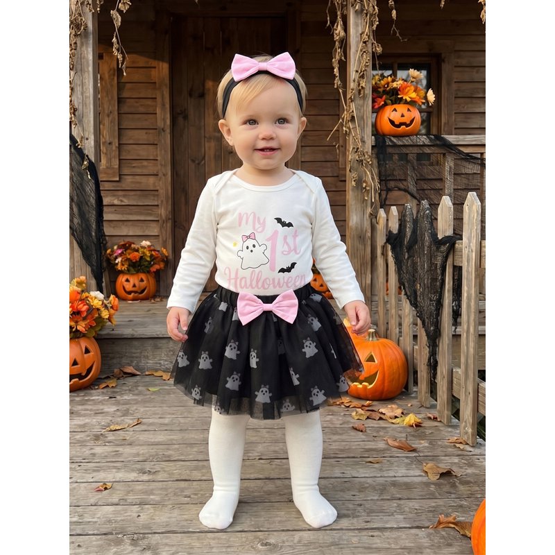 Baby Girl Halloween Romper Set with Tulle Skirt & Headband - Black, 6-9 Months