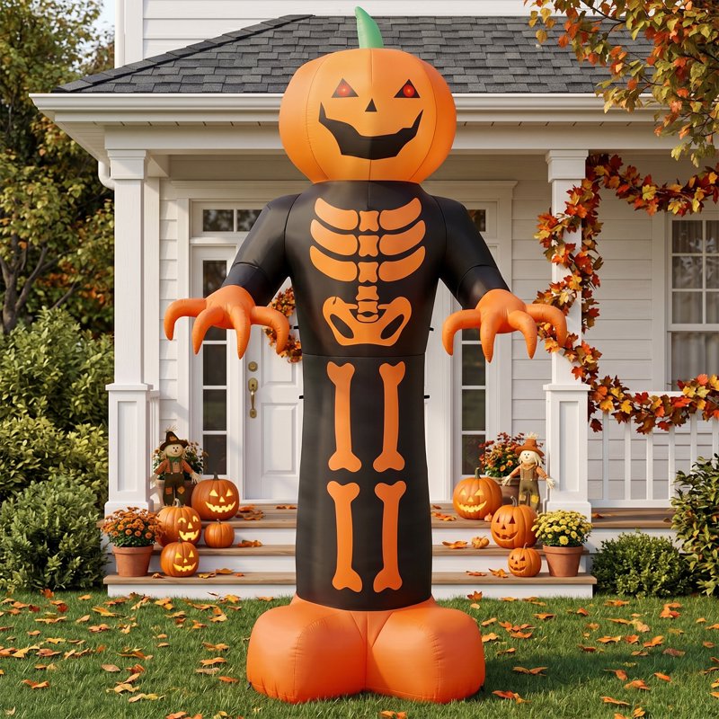 12 FT Halloween Inflatable Pumpkin with 3D Glowing Skeleton Chest and LEDs