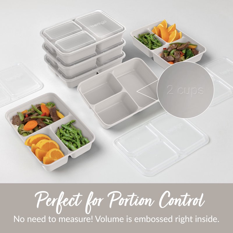3-Compartment Reusable Meal Prep Containers - Stone Gray - 20-Piece Set